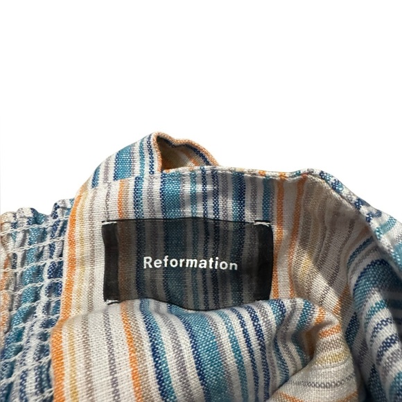 Reformation Island 100 Linen Romper In Marbella Striped Smocked Pockets Size 6 - Picture 3 of 7